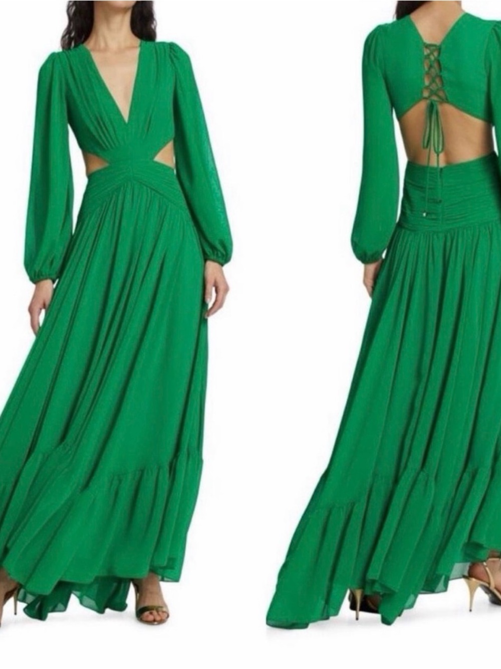 PatBO Emerald Green Cutout Lace-Up Back Maxi Dress